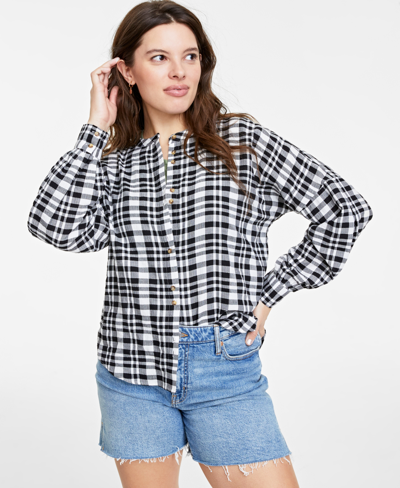 On 34th Women's Plaid Pleated-sleeve Shirt, Created For Macy's In White Black Cmb