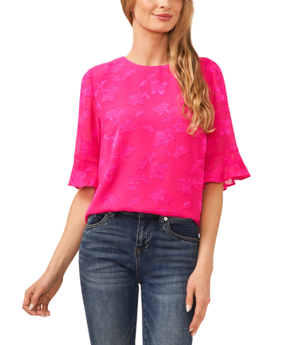 Cece Women's Short Sleeve Floral Lace Blouse In Bright Rose