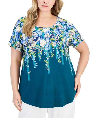 Jm Collection Plus Size Floral-print Top, Created For Macy's In Teal Evergreen Combo