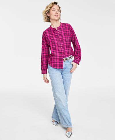 On 34th Women's Plaid Pleated-sleeve Shirt, Created For Macy's In Fuchsa Royl Cmb