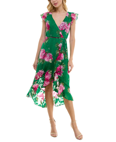 Bcx Juniors' Floral-print Jacquard Faux Wrap Dress In Green Floral