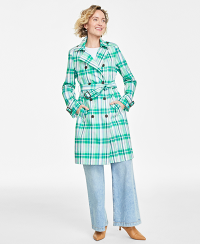 On 34th Women's Plaid Double-breasted Trench Coat, Created For Macy's In Green White Combo