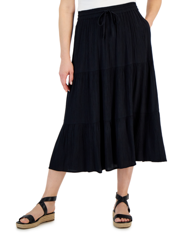 Style & Co Women's Drawstring Tiered Midi Skirt, Created For Macy's In Deep Black