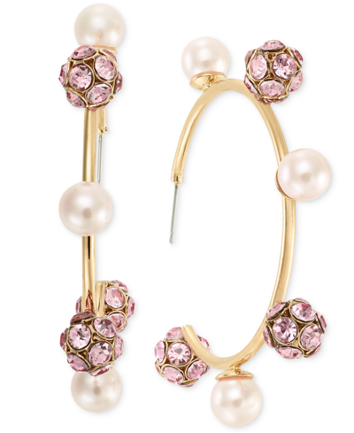 Inc International Concepts Large Pave Fireball & Imitation Pearl C-hoop Earrings, Created For Macy's In Pink