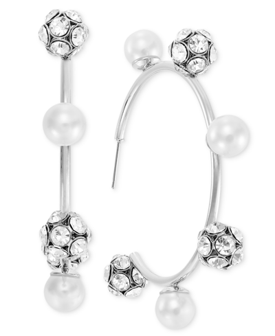 Inc International Concepts Large Pave Fireball & Imitation Pearl C-hoop Earrings, Created For Macy's In Silver