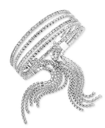 Inc International Concepts Crystal & Chain Fringe Multi-row Statement Cuff Bracelet, Created For Macy's In Silver