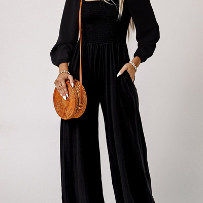Threaded Pear Ryleigh Smocked Square Neck Long Sleeve Wide Leg Jumpsuit In Black