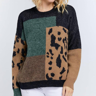 Davi & Dani Color Block Leopard Sweater In Grey