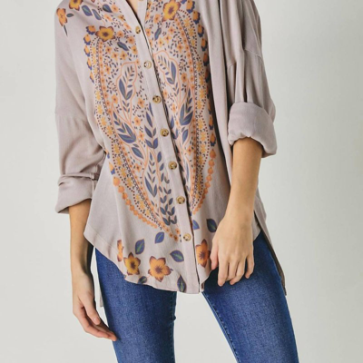 Davi & Dani Floral Printed Button Down Long Sleeve Tunic In Beige