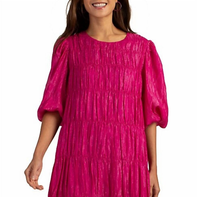 Trina Turk Silvery Shirred Puff-sleeve Shimmer Dress In Pink
