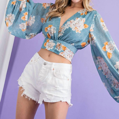 Eesome Cropped Long Sleeve Blouse With Adjustable Back Tie In Multi