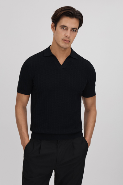 Reiss Mickey - Black Textured Modal Blend Open Collar Shirt, L