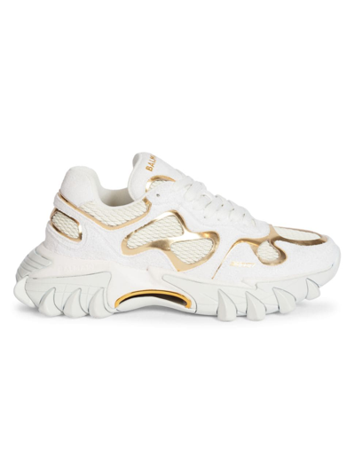 Balmain B-east Sneakers In White And Gold Suede And Leather In Blanc