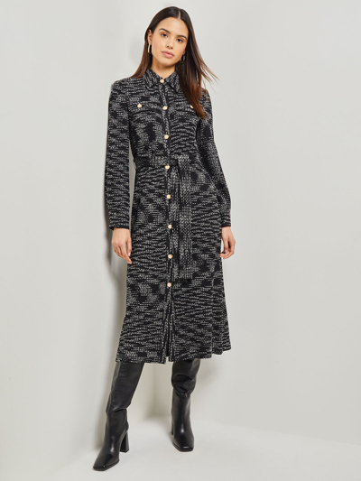 MISOOK BELTED BUTTON FRONT TWEED KNIT MIDI DRESS