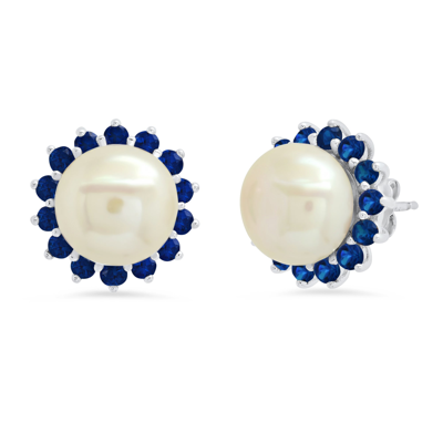 Max + Stone Sterling Silver 9mm Cultured Pearl And Created Blue Sapphire Earrings In Metallic