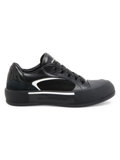 Alexander Mcqueen Plimsoll Deck Leather-trimmed Sneakers In Black White