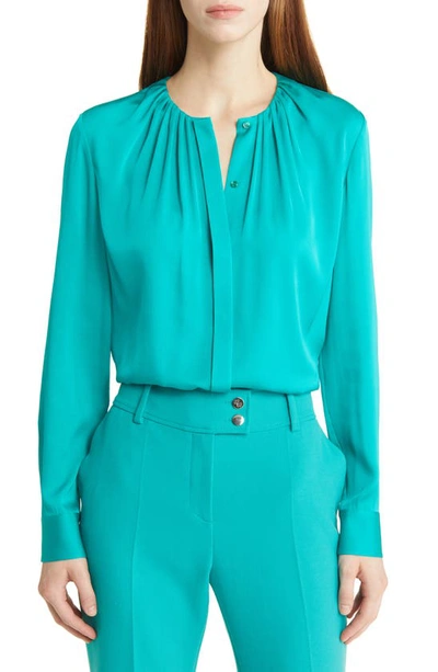 Hugo Boss Banorah Pleat Neck Stretch Silk Blouse In Bright Emerald