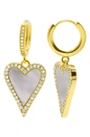 Adornia 14k Gold-plated White Mother-of-pearl Crystal Halo Heart Drop Huggie Earrings In Gold/ White