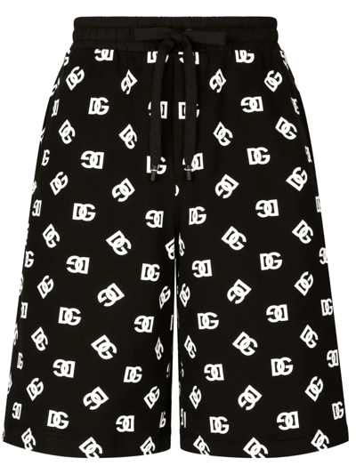 Dolce & Gabbana Cotton Jogging Shorts With Dg Monogram Print In Black