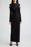PUPPETS AND PUPPETS FLOCKED LEOPARD PRINT LONG SLEEVE COLD SHOULDER MAXI DRESS