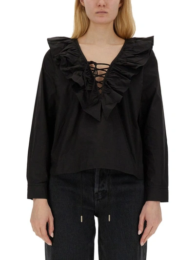 Ganni Blouse With Ruffles In Black
