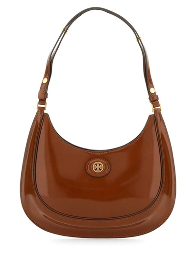 Tory Burch Robinson Brushed Leather Crescent Bag In Buff