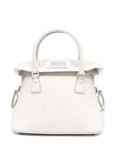 Maison Margiela '5ac Micro' White Shoulder Bag With Logo Label In Grainy Leather Woman
