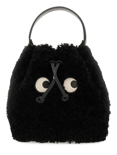 Anya Hindmarch Shearling Bucket Bag In Black