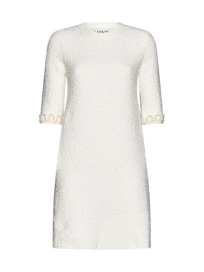 Lanvin Floral-embroidered Knitted Tweed Dress In White