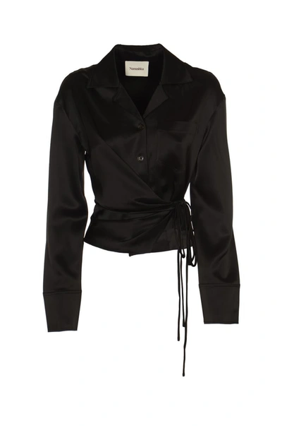 Nanushka Womens Black Merano V-neck Cropped Woven-blend Shirt In Black