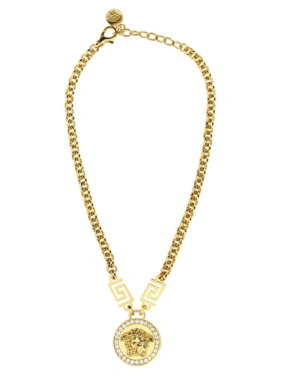 Versace La Medusa Greca Necklace With Crystals In Gold