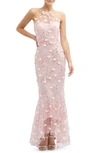 Dessy Collection Sheer Halter Neck 3d Floral Embroidered Dress With High-low Hem In Rose
