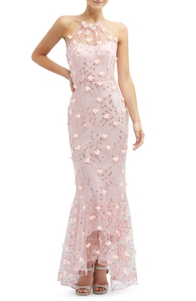 Dessy Collection Sheer Halter Neck 3d Floral Embroidered Dress With High-low Hem In Pink