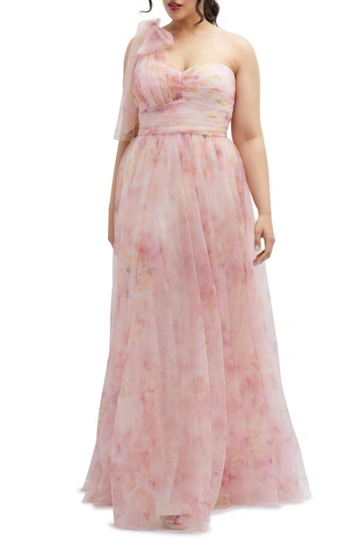 Dessy Collection Floral Scarf Tie One-shoulder Tulle Dress With Long Full Skirt In Pink