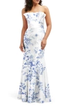 Alfred Sung Floral Ruffle Strapless Trumpet Gown In Cottage Rose-larkspur Print