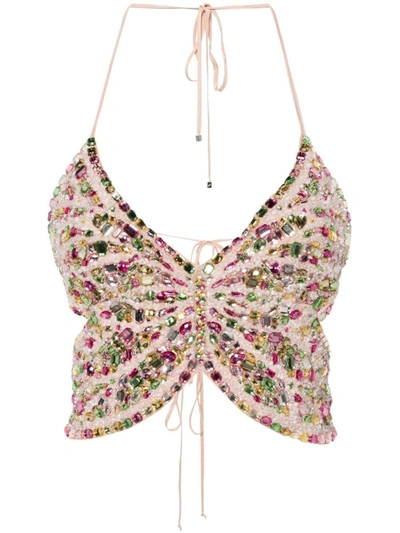 Blumarine Butterfly Crystal Halter Crop Top In Neutrals