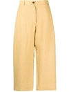 Studio Nicholson High Waist Wide Leg Cropped Cotton Trousers In Beige