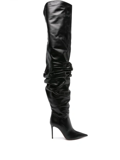 Amina Muaddi Thigh High Leather Heel Boots In Black