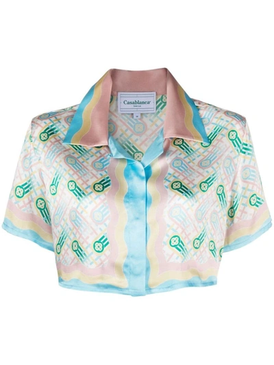 Casablanca Cuban-collar Short-sleeve Crop Silk Shirt In Ping_pong_print