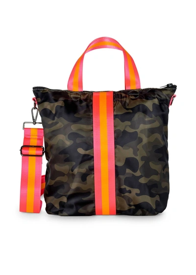 Haute Shore Women's Logan Showoff Bag In Green Camo/pink/orange Stripes In Brown