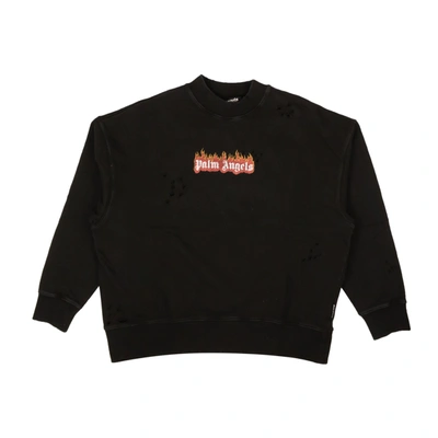 Palm Angels Black Cotton Gd Burning Logo Crewneck Sweater In Multi