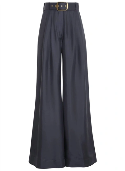 Zimmermann Lyrical Belted Wide-leg Silk Trousers In Blue