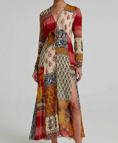 Saloni Harper Patchwork Silk Maxi Dress In Red