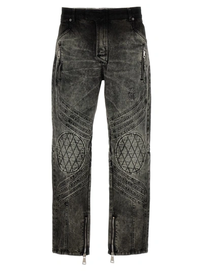 Balmain Zip Detailed Bleached Motor Denim Jeans In Gray