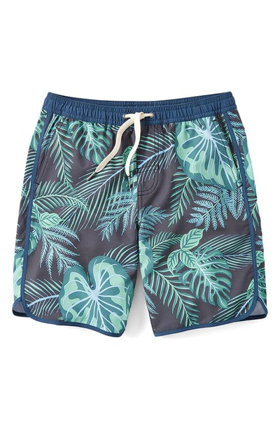 Fair Harbor Kids' Anchor Leaf Print Water Repellent Swim Trunks In Navy Evergreen