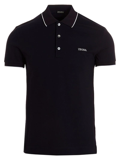 Zegna Logo Embroidery Polo Shirt In Blue