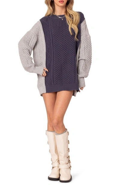 Edikted Two-tone Cable Stitch Long Sleeve Mini Sweater Dress In Navy-and-gray