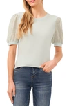 Cece Puff Sleeve Mixed Media Top In Light Sage Green