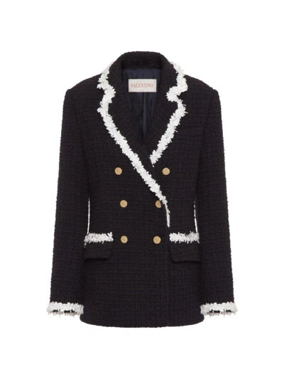 Valentino Embroidered Trim Double-breasted Jacket In Navy