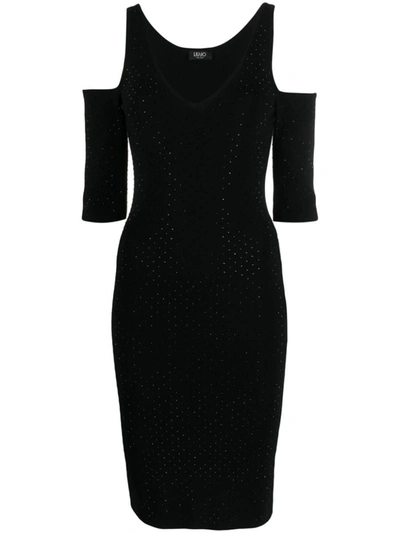 Liu •jo Rhinestone-embellished Cold-shoulder Dress In Black